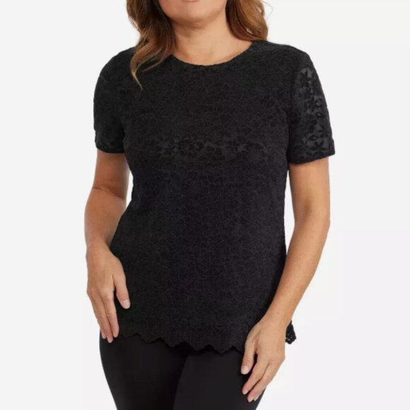 NEW Black Lace Floral Short Sleeve By Teddi Rose Scalloped Hem Keyhole M// 25CT - Picture 1 of 9